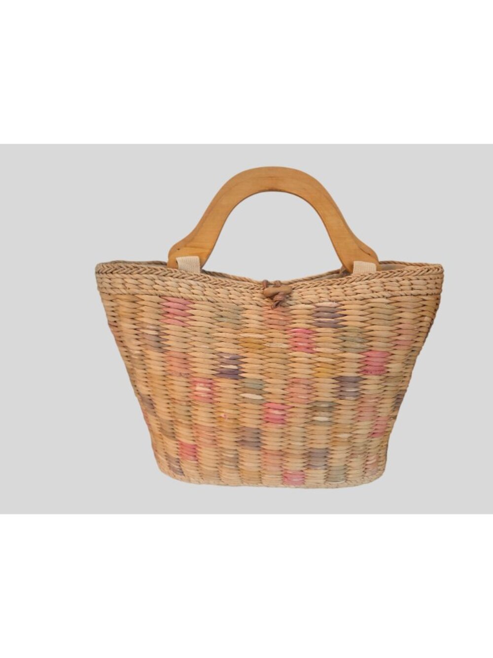 VTG Rare Woven Straw Basket Bag Hand Crafted Wooden Handles Boho Pastel Mix - Picture 3 of 11